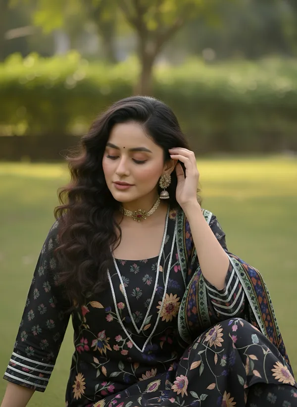 Black_Floral_Printed_Pure_Cotton_Kurta_Set_For_Women