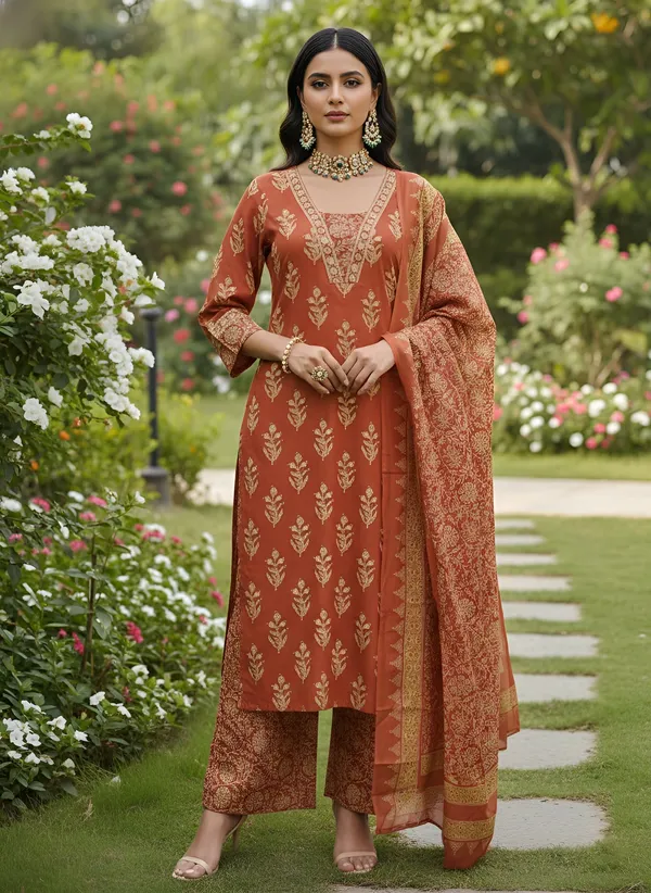 Rust_Floral_Printed_Pure_Cotton_Kurta_Set_For_Women
