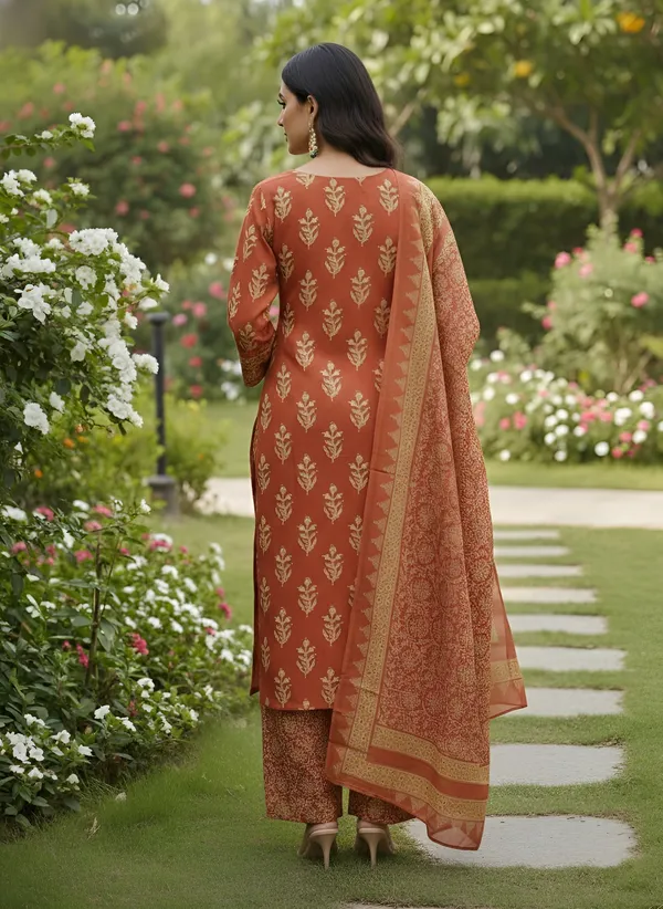 Rust_Floral_Printed_Pure_Cotton_Kurta_Set_For_Women