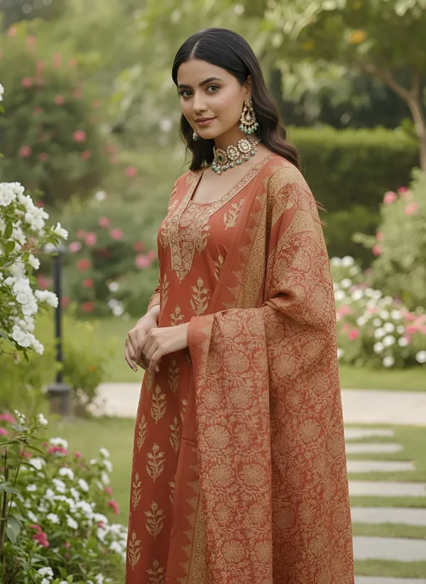 Rust_Floral_Printed_Pure_Cotton_Kurta_Set_For_Women