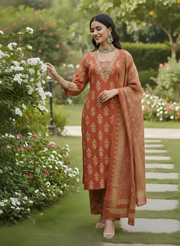 Rust_Floral_Printed_Pure_Cotton_Kurta_Set_For_Women