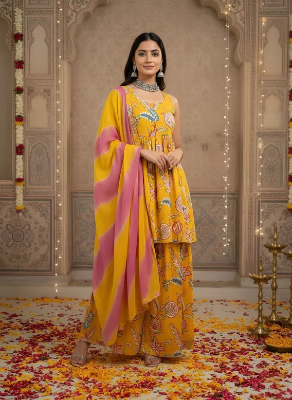Yellow_Floral_Printed_Pure_Cotton_Kurta_Set_For_Women