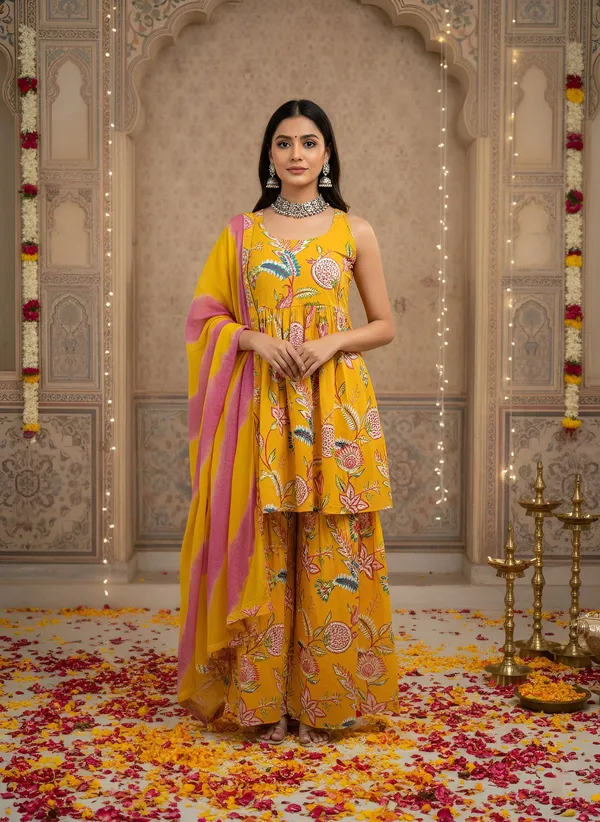 Yellow_Floral_Printed_Pure_Cotton_Kurta_Set_For_Women