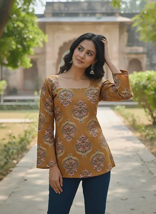 Yellow__Pure_Cotton_Printed_Tunic_For_Women