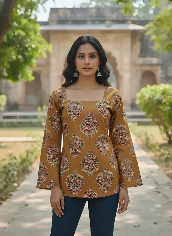 Yellow__Pure_Cotton_Printed_Tunic_For_Women