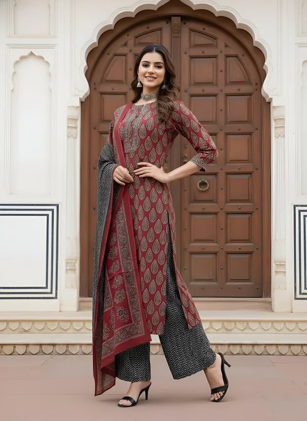 Maroon_Floral_Printed_Pure_Cotton_Kurta_Set_For_Women