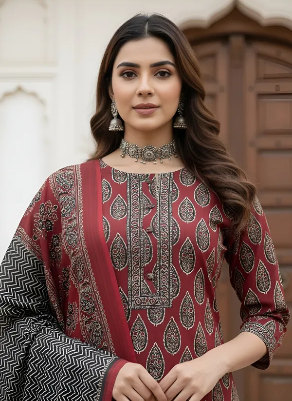 Maroon_Floral_Printed_Pure_Cotton_Kurta_Set_For_Women