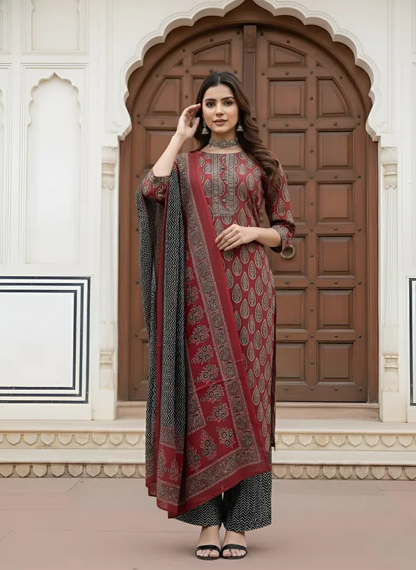 Maroon_Floral_Printed_Pure_Cotton_Kurta_Set_For_Women