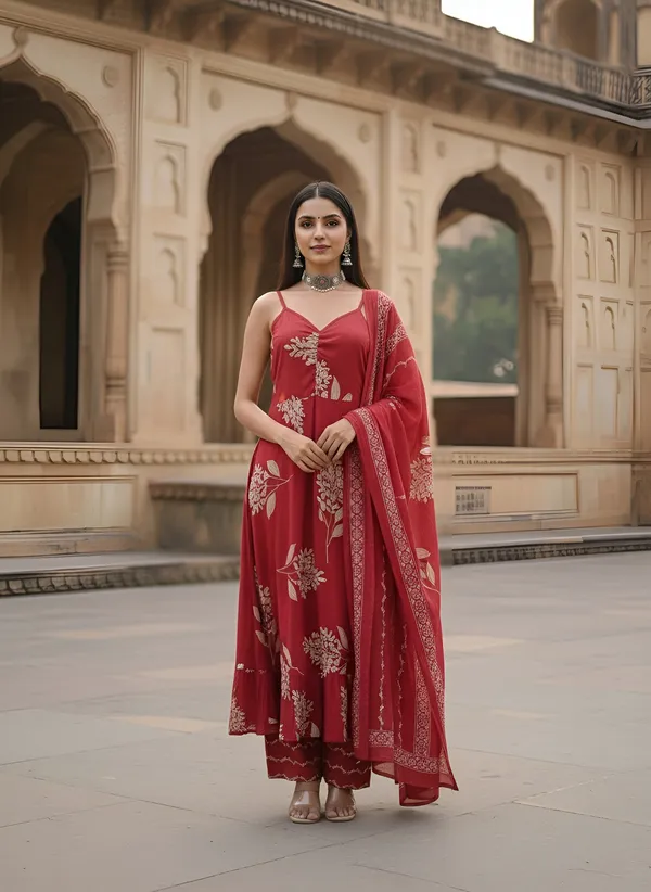Red_Floral_Printed_Pure_Cotton_Kurta_Set_For_Women