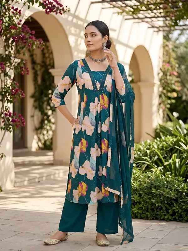 Teal_Blue_Floral_Printed_Anarkali_Kurta_Set_For_Women