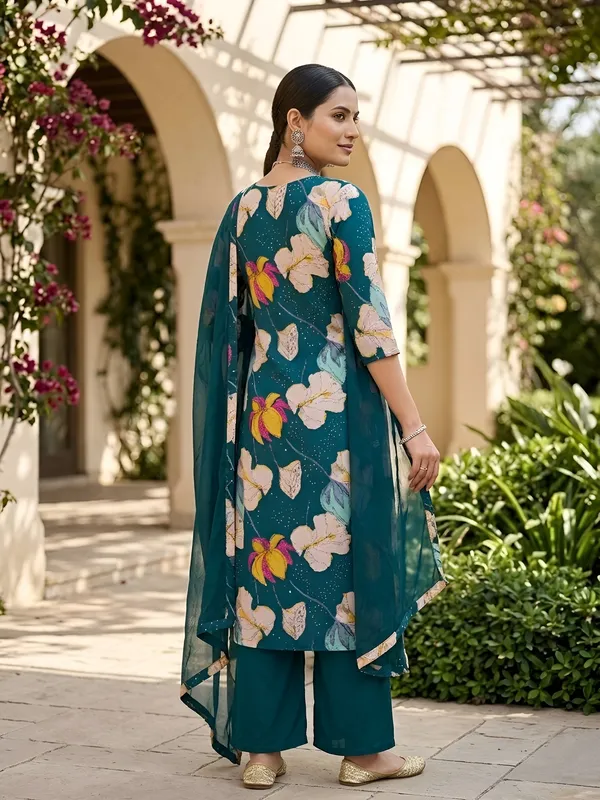 Teal_Blue_Floral_Printed_Anarkali_Kurta_Set_For_Women