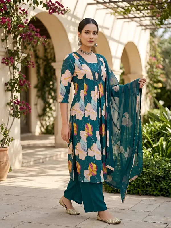 Teal_Blue_Floral_Printed_Anarkali_Kurta_Set_For_Women