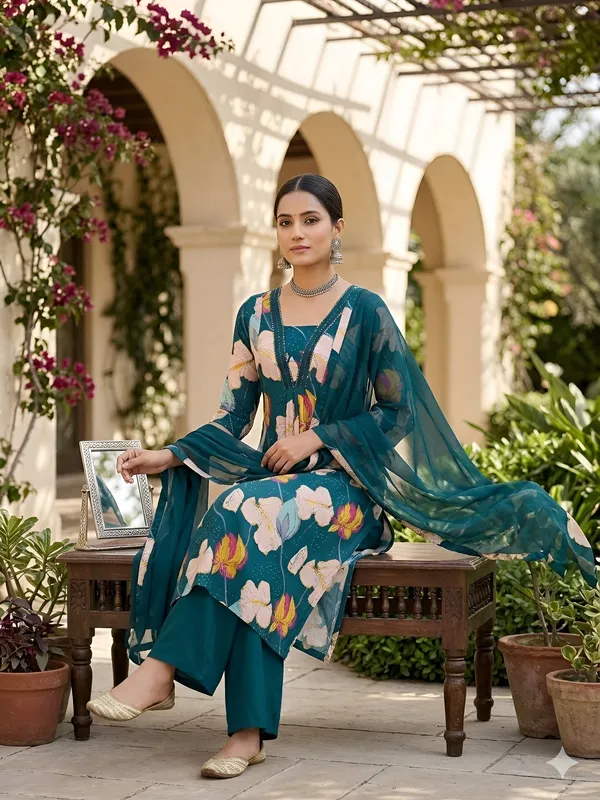Teal_Blue_Floral_Printed_Anarkali_Kurta_Set_For_Women