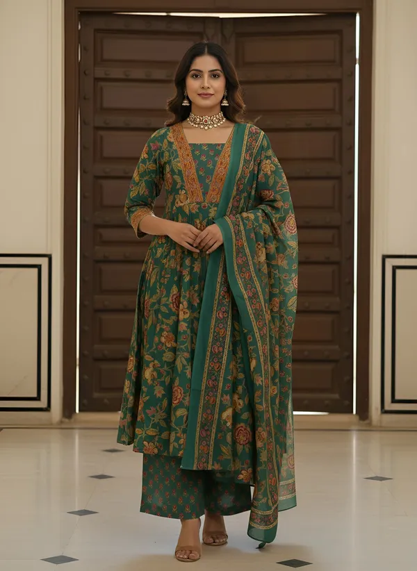 Green_Floral_Printed_Pure_Cotton_Kurta_Set_For_Women