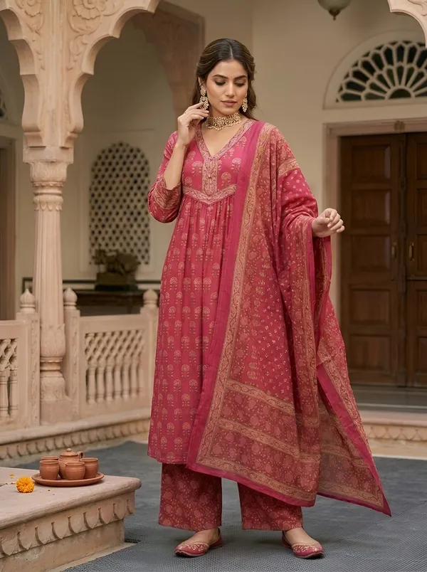 Pink_Floral_Printed_Pure_Cotton_Kurta_Set_For_Women