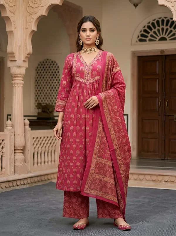 Pink_Floral_Printed_Pure_Cotton_Kurta_Set_For_Women