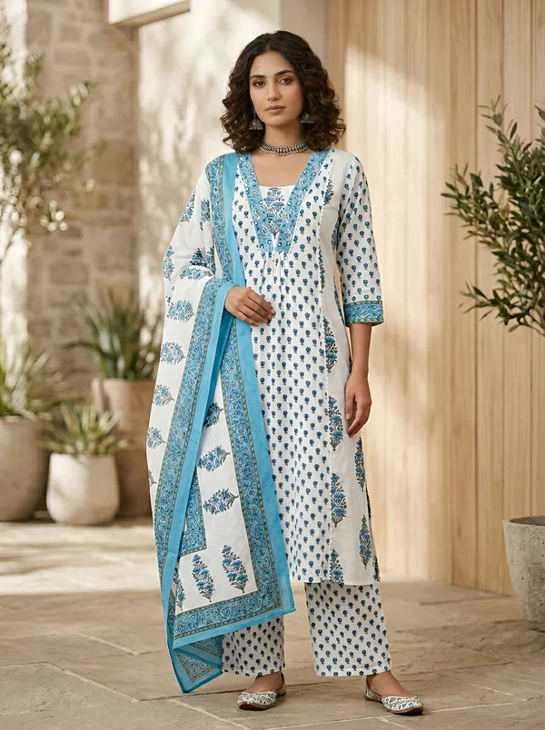 Off_White_Floral_Printed_Pure_Cotton_Kurta_Set_For_Women