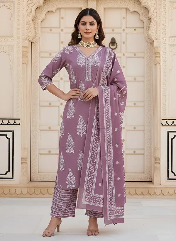 Mauve_Floral_Printed_Pure_Cotton_Kurta_Set_For_Women