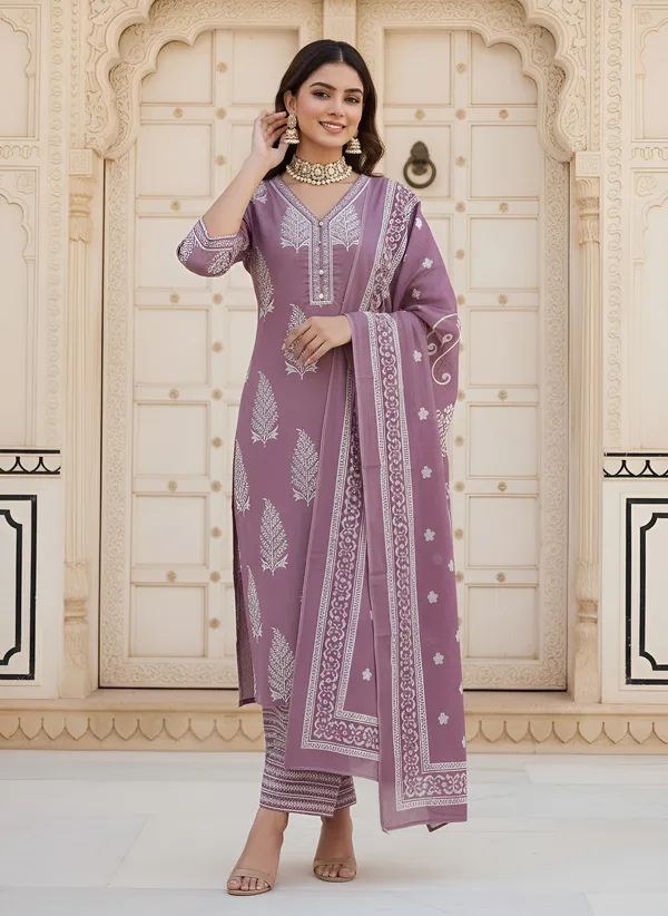 Mauve_Floral_Printed_Pure_Cotton_Kurta_Set_For_Women