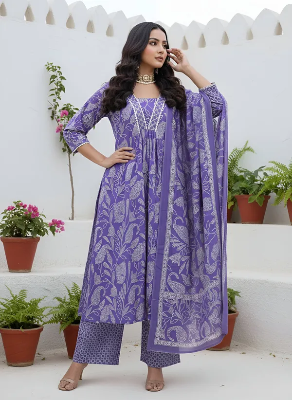 Lavender_Floral_Printed_Pure_Cotton_Kurta_Set_For_Women