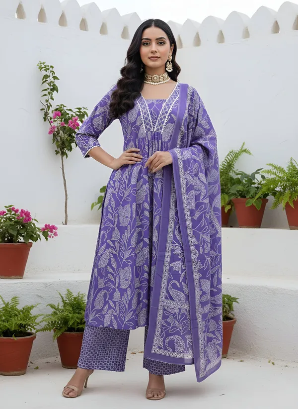 Lavender_Floral_Printed_Pure_Cotton_Kurta_Set_For_Women