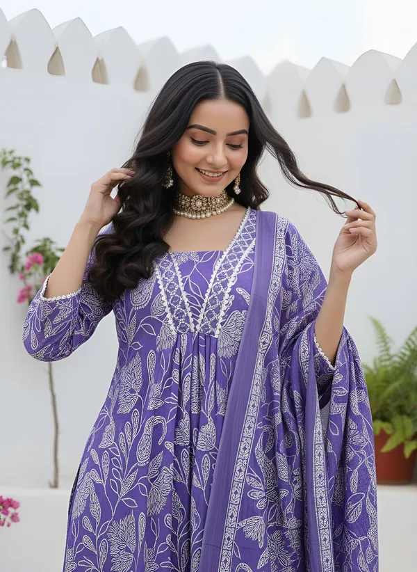 Lavender_Floral_Printed_Pure_Cotton_Kurta_Set_For_Women