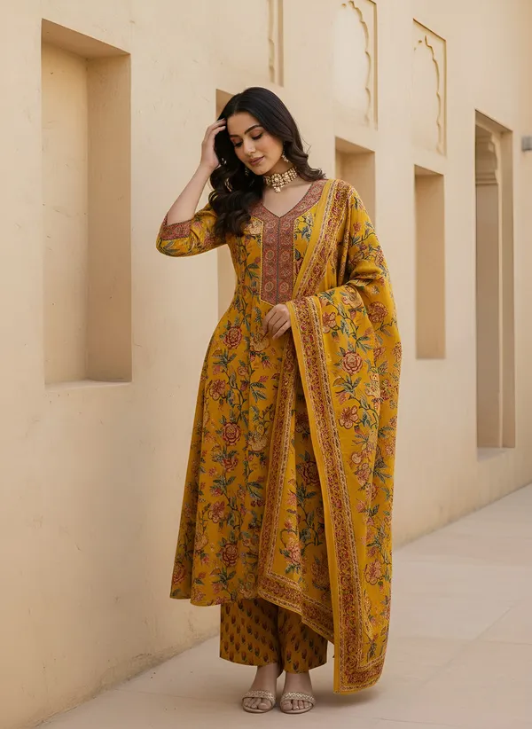 Yellow_Floral_Printed_Pure_Cotton_Kurta_Set_For_Women