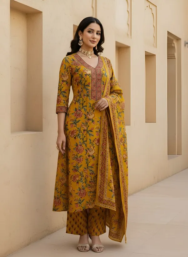 Yellow_Floral_Printed_Pure_Cotton_Kurta_Set_For_Women