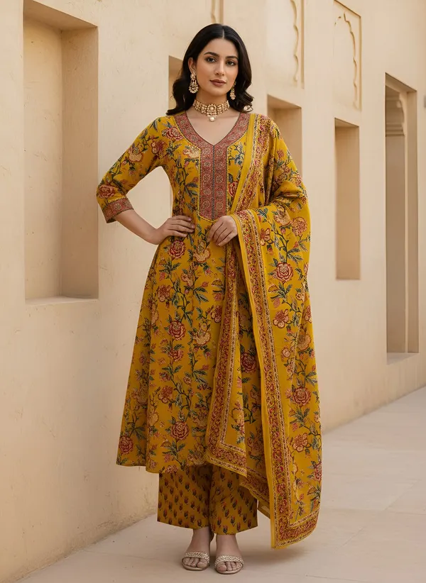 Yellow_Floral_Printed_Pure_Cotton_Kurta_Set_For_Women