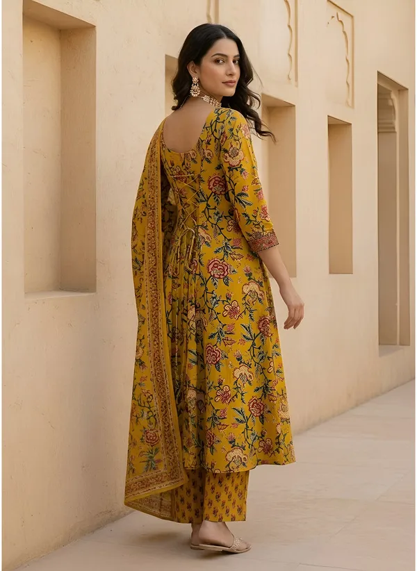 Yellow_Floral_Printed_Pure_Cotton_Kurta_Set_For_Women
