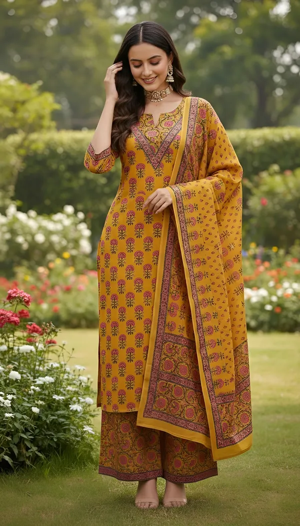 Yellow_Floral_Printed_Pure_Cotton_Kurta_Set_For_Women
