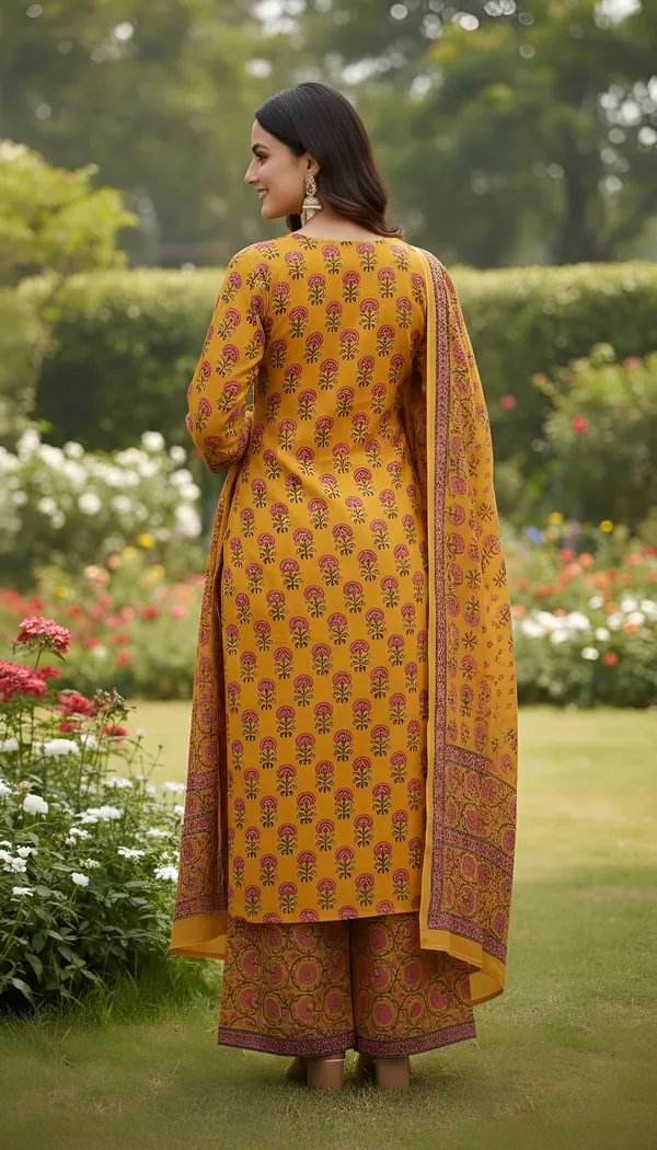 Yellow_Floral_Printed_Pure_Cotton_Kurta_Set_For_Women