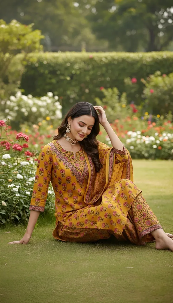 Yellow_Floral_Printed_Pure_Cotton_Kurta_Set_For_Women