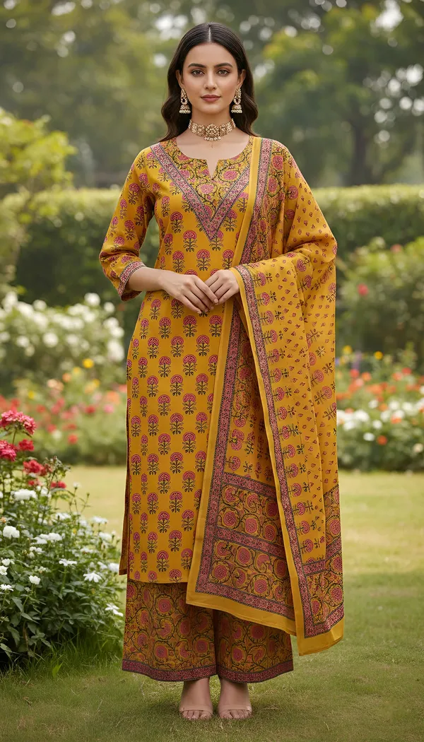 Yellow_Floral_Printed_Pure_Cotton_Kurta_Set_For_Women