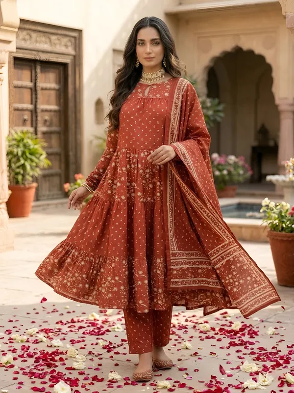 Rust_Floral_Printed_Anarkali_Kurta_Set_For_Women