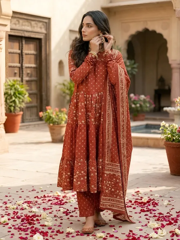 Rust_Floral_Printed_Anarkali_Kurta_Set_For_Women