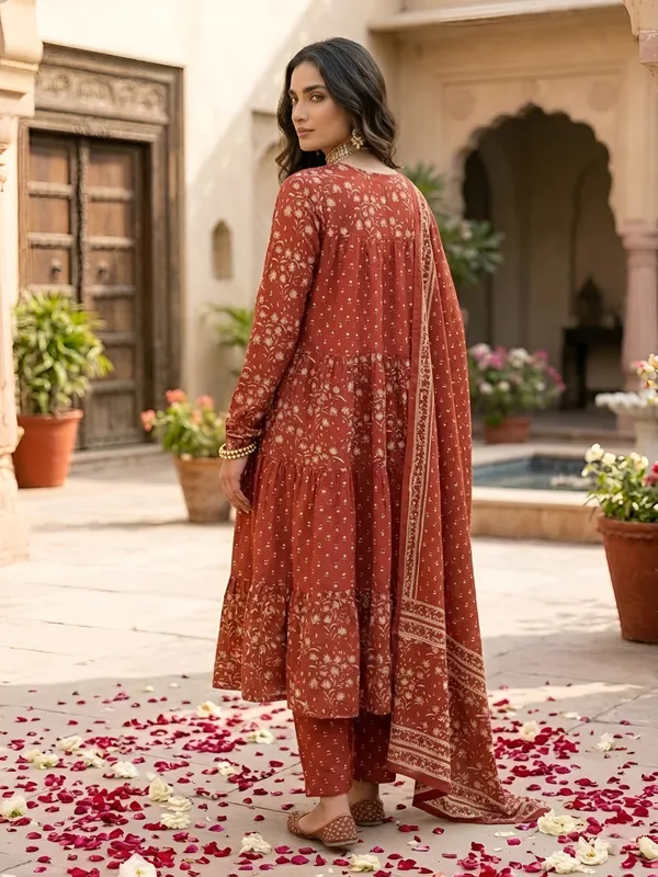 Rust_Floral_Printed_Anarkali_Kurta_Set_For_Women