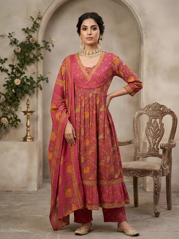 Pink_Floral_Printed_Anarkali_Kurta_Set_For_Women