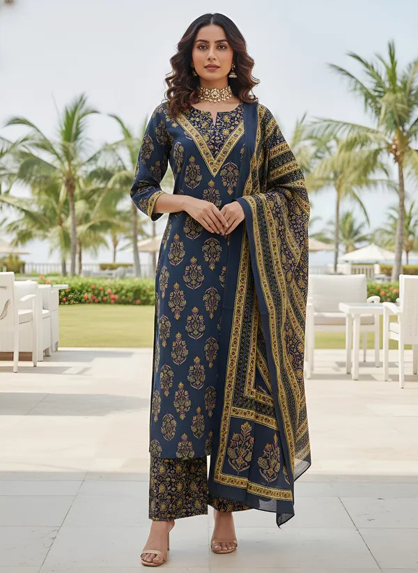 Navy_Blue_Floral_Printed_Straight_Kurta_Set_For_Women
