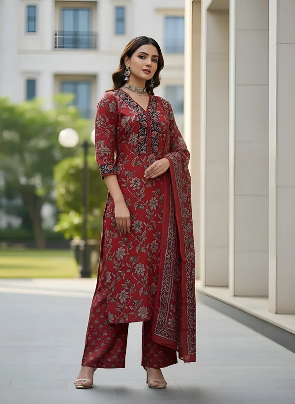 Maroon_Floral_Printed_Pure_Cotton_Kurta_Set_For_Women