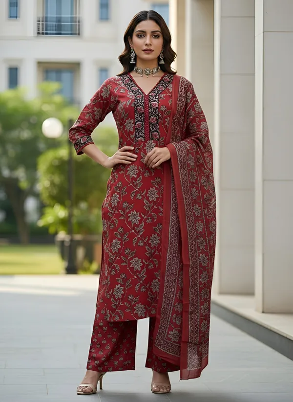 Maroon_Floral_Printed_Pure_Cotton_Kurta_Set_For_Women