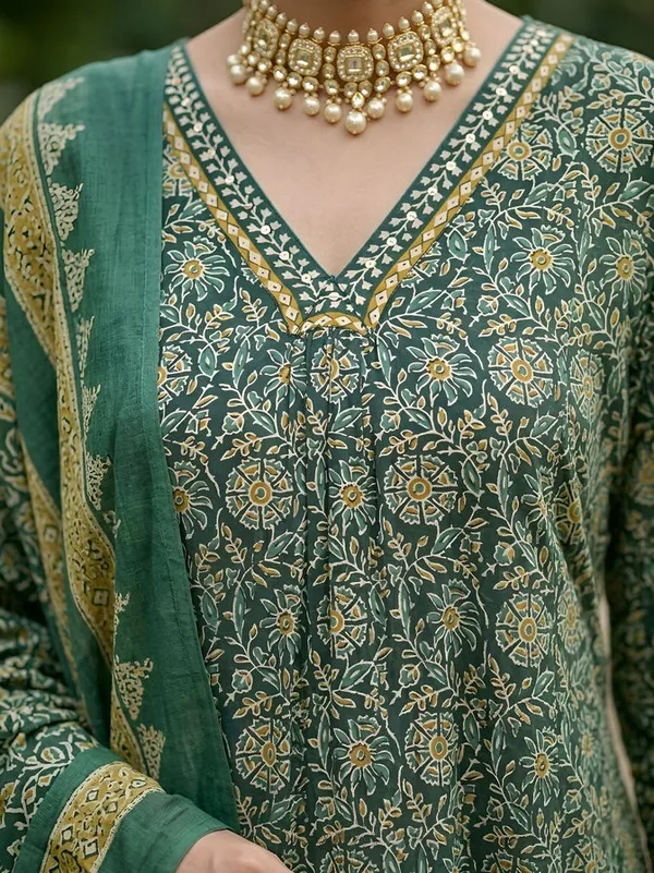 Green_Floral_Printed_Pure_Cotton_Kurta_Set_For_Women