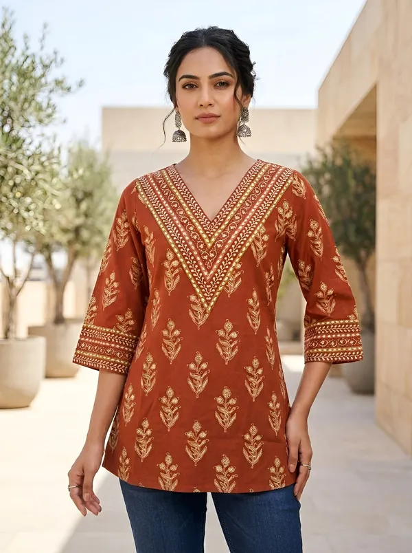 Orange__Pure_Cotton_Printed_Tunic_For_Women
