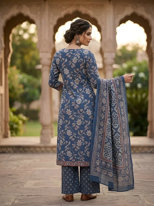 Navy_Blue_Floral_Printed_Pure_Cotton_Kurta_Set_For_Women