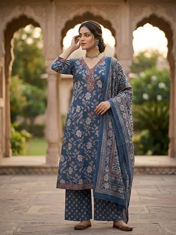 Navy_Blue_Floral_Printed_Pure_Cotton_Kurta_Set_For_Women
