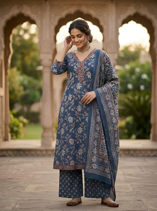 Navy_Blue_Floral_Printed_Pure_Cotton_Kurta_Set_For_Women