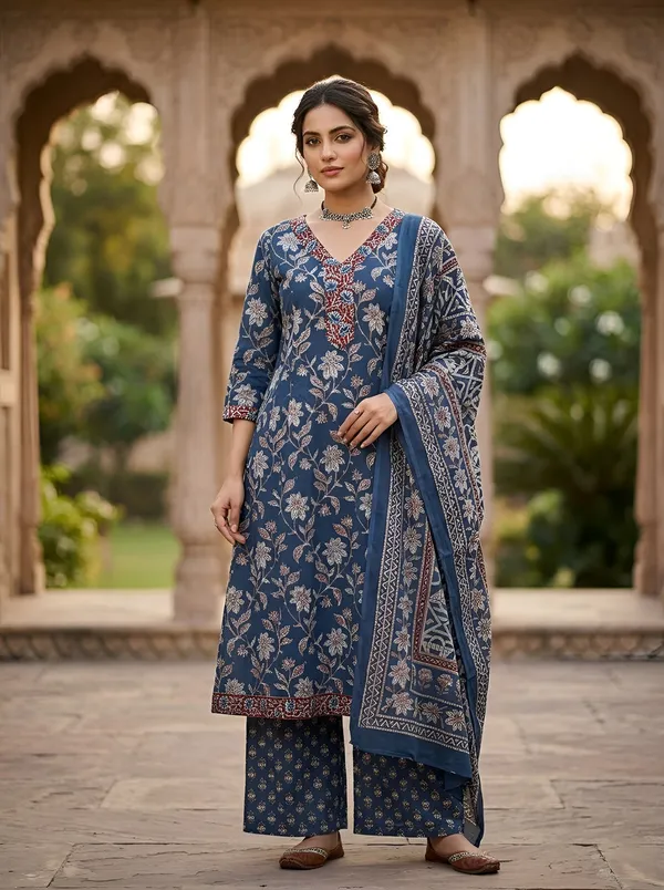 Navy_Blue_Floral_Printed_Pure_Cotton_Kurta_Set_For_Women