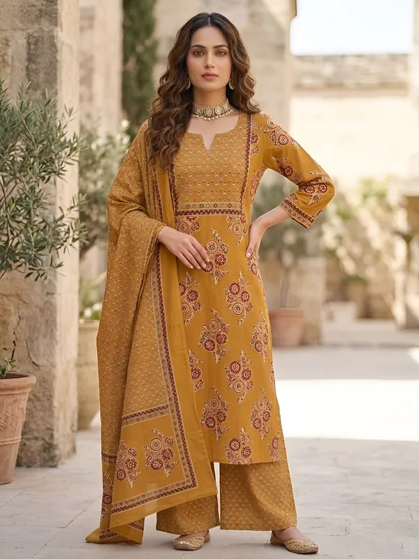 Mustard_Floral_Printed_Pure_Cotton_Kurta_Set_For_Women