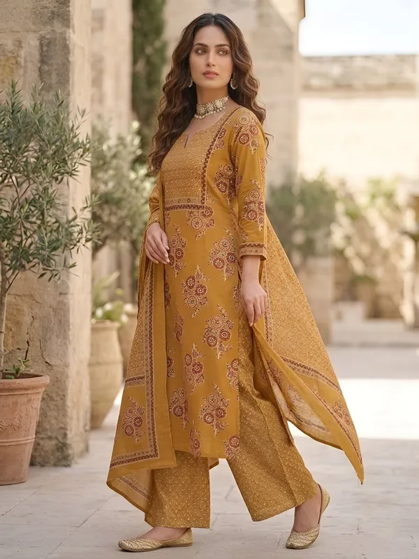 Mustard_Floral_Printed_Pure_Cotton_Kurta_Set_For_Women