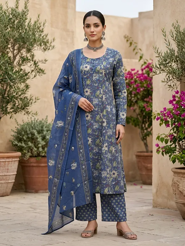 Blue_Floral_Printed_Straight_Kurta_Set_For_Women
